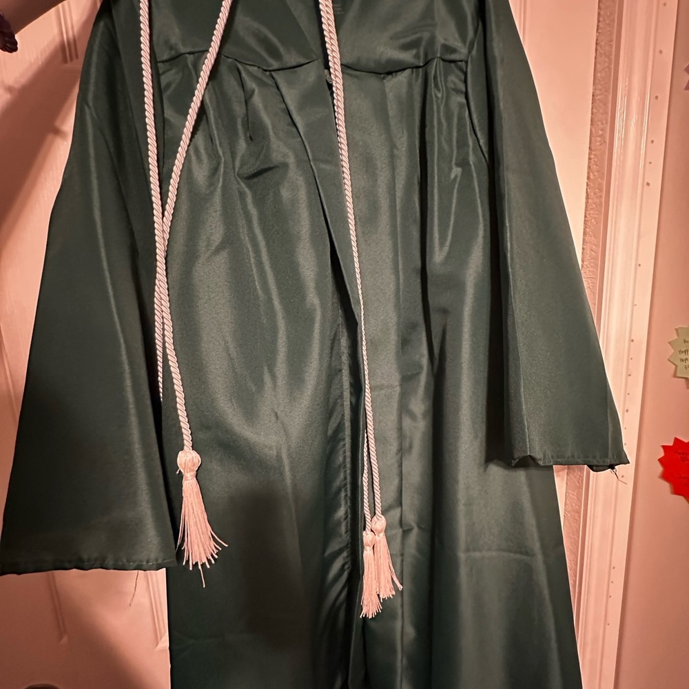 Green Graduation Gown with White Cords